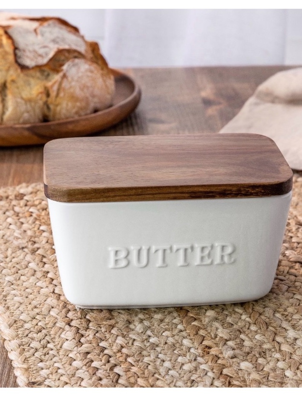 Better Homes & Gardens White & Acacia Wood Embossed Butter Dish
